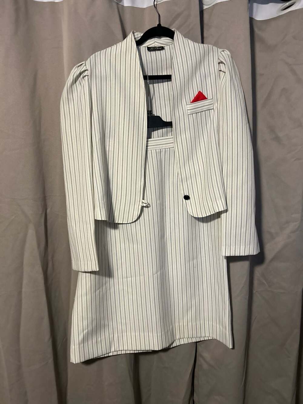 Vintage La Bord 2-Piece Pinstripe Skirt Suit Set with Cropped Puff Shoulder Blaz